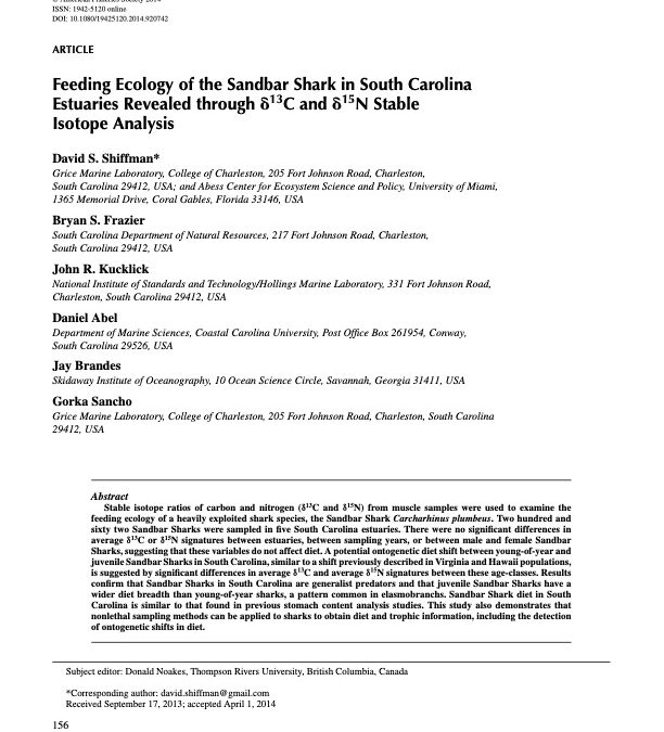 Feeding Ecology of the Sandbar Shark in South Carolina Estuaries Revealed through 13 C and 15 N Stable Isotope Analysis