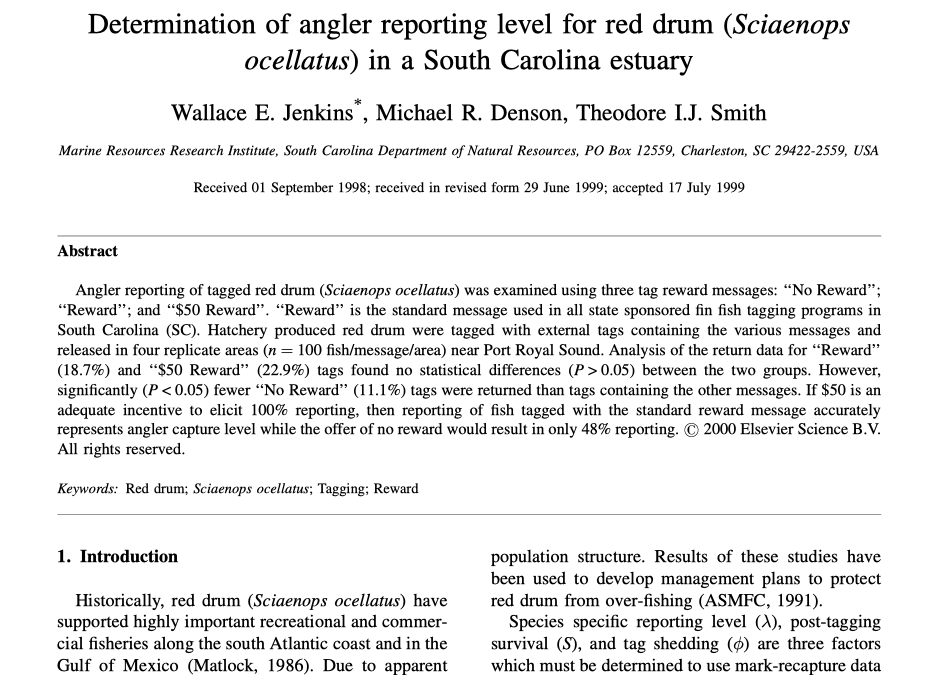 Determination of angler reporting level for red drum (Sciaenops ocellatus) in a South Carolina estuary