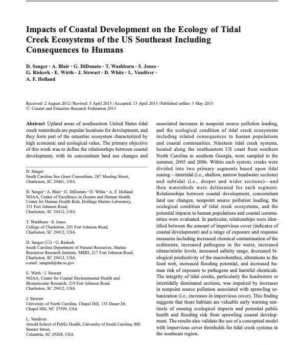 Impacts of coastal development on the ecology of tidal creek ecosystems of the US southeast including consequences to humans.